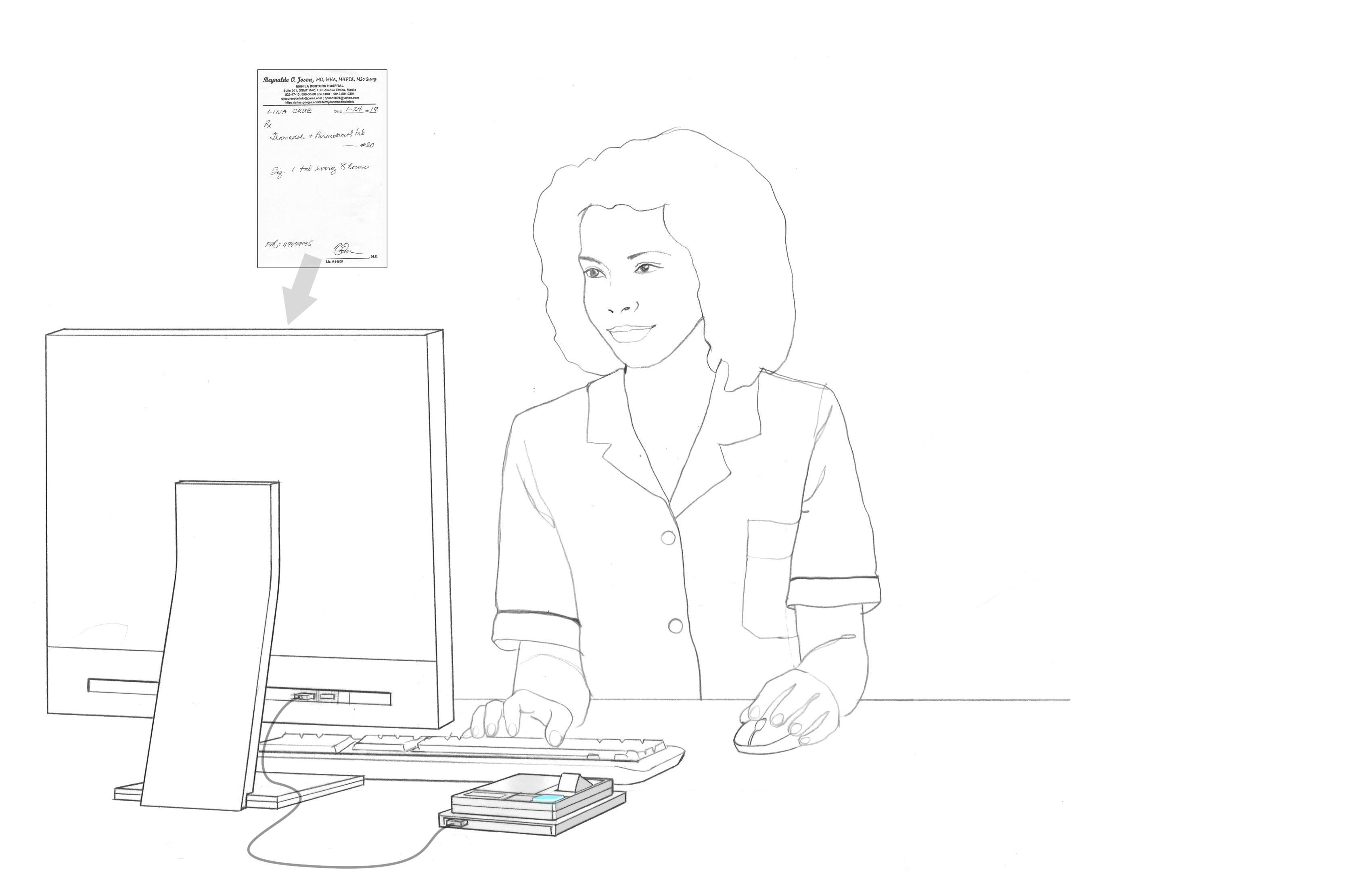 pharmacist checking prescription on computer illustration